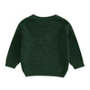A dark green knit sweater for a baby or kid featuring letter embroidery.