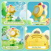 A yellow sunflower bubble blaster toy shown in various modes including multi-holes, smooth and rounded, swinging dance, and o
