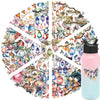 A pink water bottle with a colorful lantern design featuring floral and nature elements.