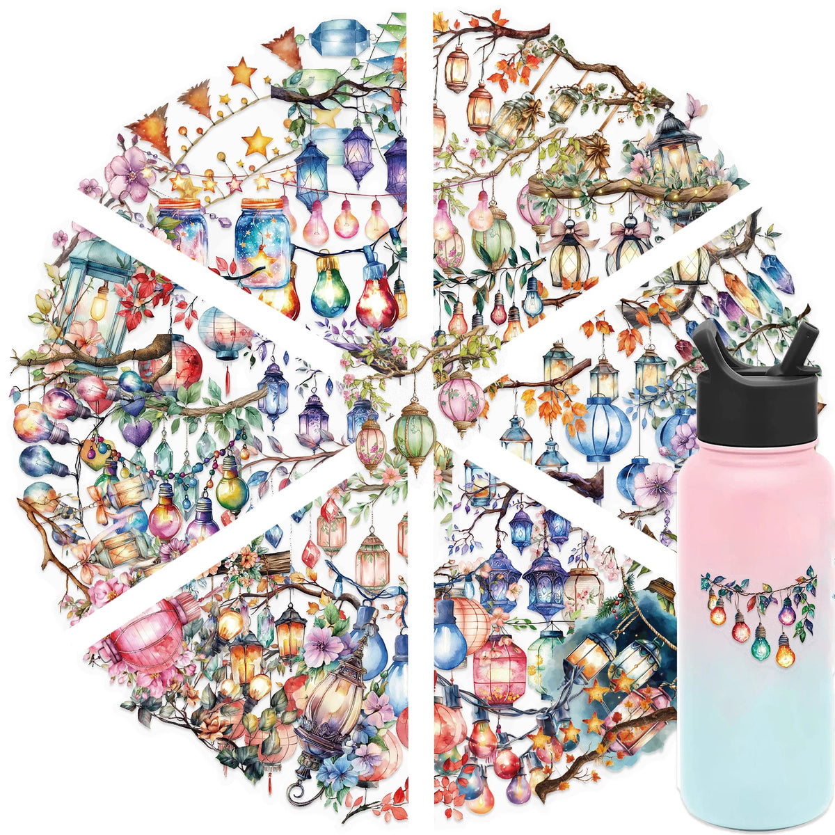 A pink water bottle with a colorful lantern design featuring floral and nature elements.