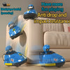 Three blue remote control battle cars are shown in a playful setting demonstrating anti-drop and impact resistance.