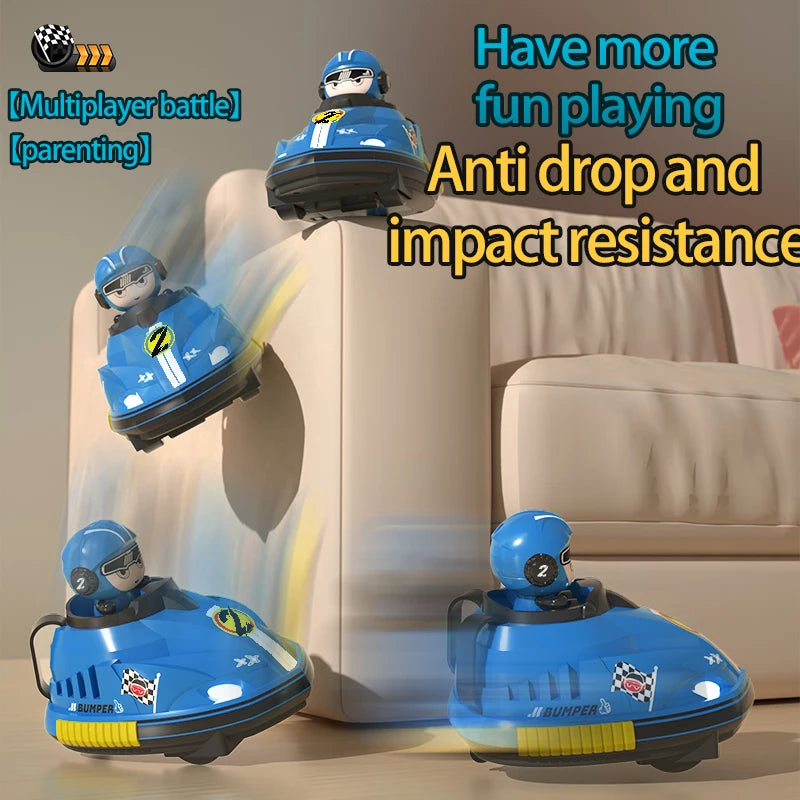 Three blue remote control battle cars are shown in a playful setting demonstrating anti-drop and impact resistance.
