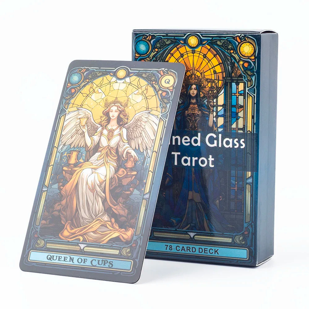 A box for a Stained Glass Tarot Card Deck featuring an illustration of a woman in a golden light.