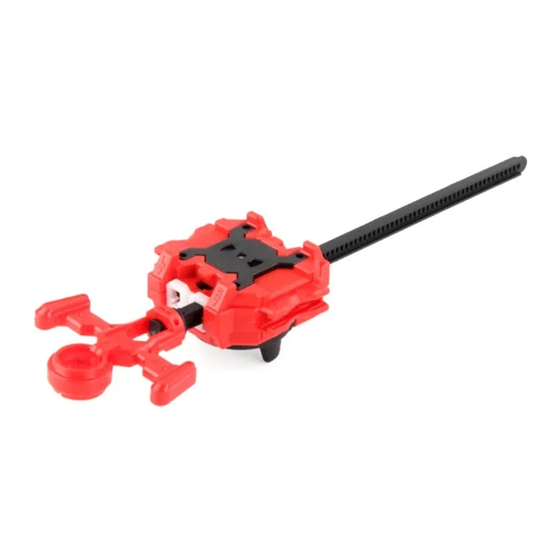 Red burst-style spinning top launcher for kids with a black spinning top.