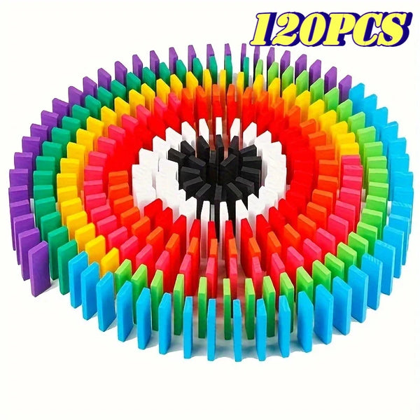A circular arrangement of 120 colorful domino pieces in various colors and shapes.