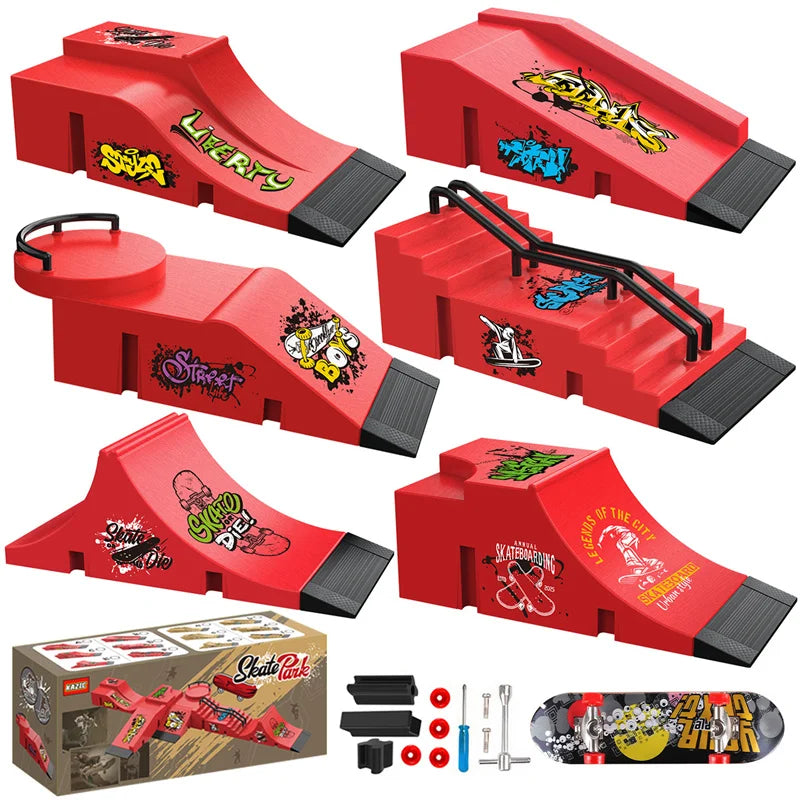 A set of red finger skateboard park ramps, rails, and accessories displayed on a box.