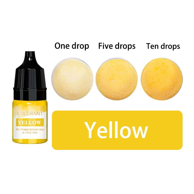 A set of yellow liquid candle wax pigment drops shown next to a bottle and various quantities.