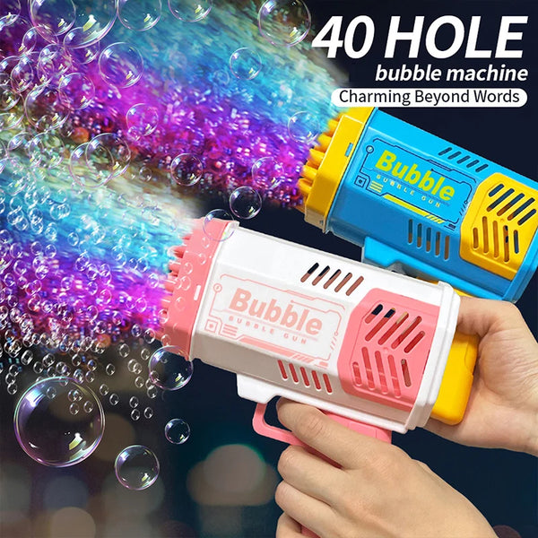 A hand holds a pink and white bubble gun shooting colorful bubbles against a dark background.