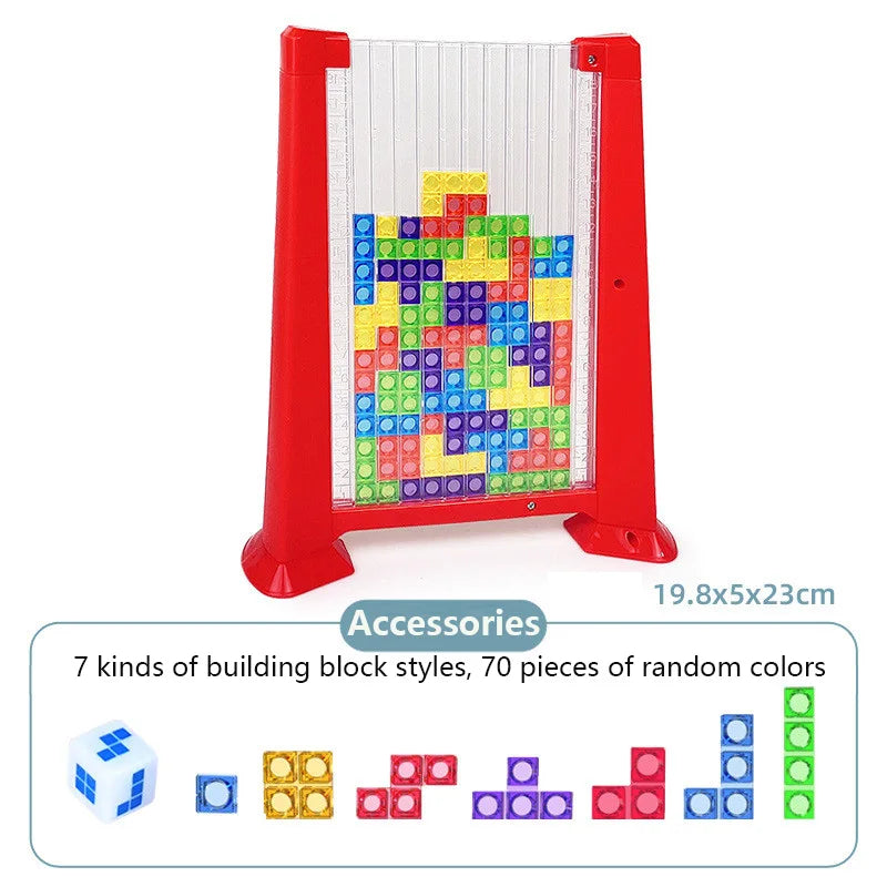 A red frame holds a colorful building block puzzle with various shapes and colors.