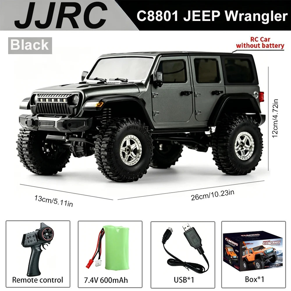 Black JJRC C8801 Jeep Wrangler RC car with remote control and battery