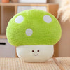A bright lime green mushroom plush toy with white polka dots sitting on a wooden surface.