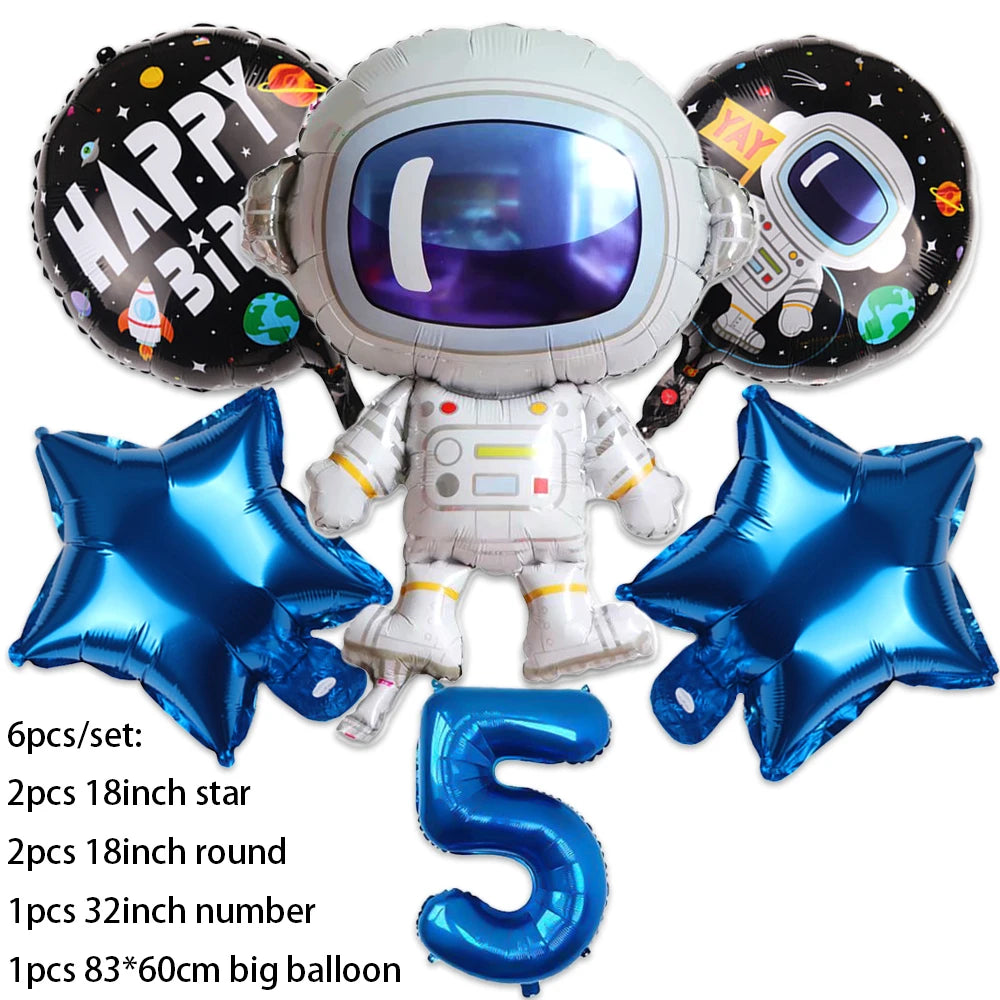 Outer space astronaut party décor set featuring a figure, stars, and large number balloons