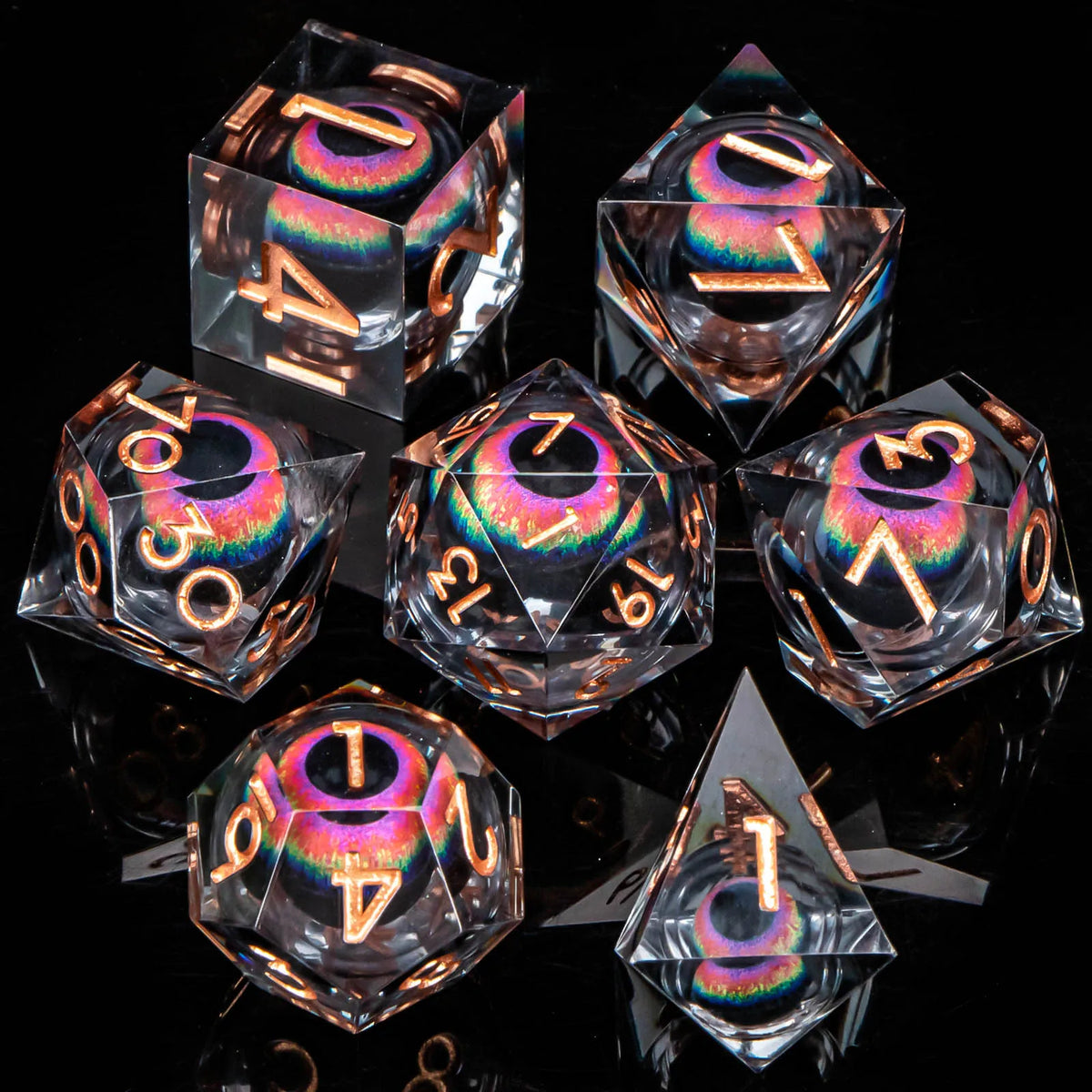 Dragon Eye Resin Dice Set with Liquid Core - 7 Polyhedral Dice for RPG Gaming