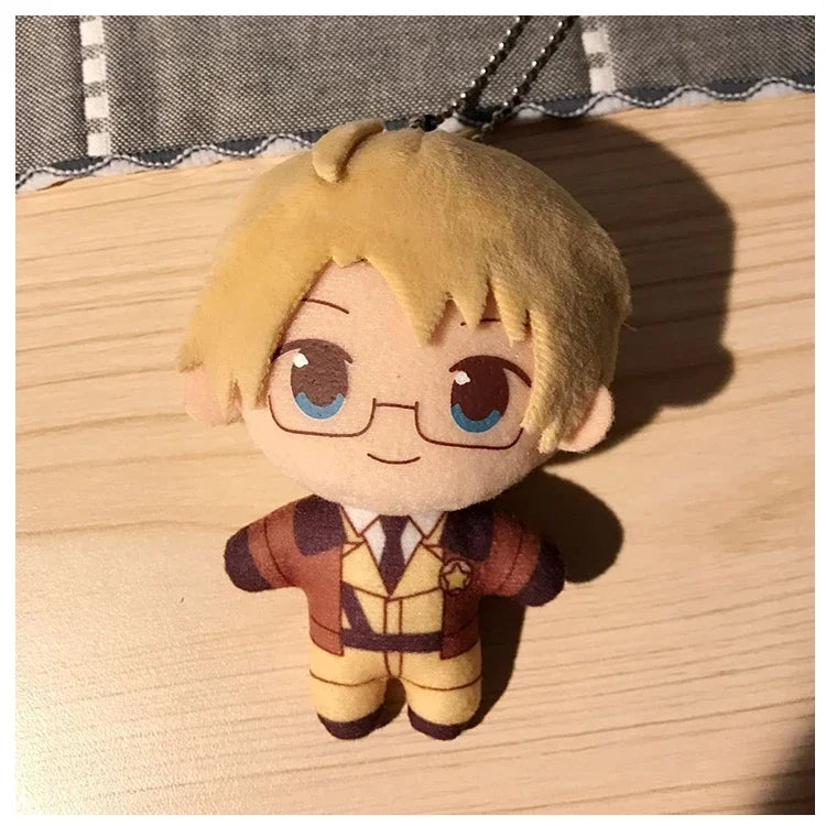A plush keychain set featuring three characters from Hetalia: Arthur, Alfred, and Wang Yao.