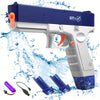 A blue and gray electric water gun with a detachable bottle is shown spraying water against a white background.