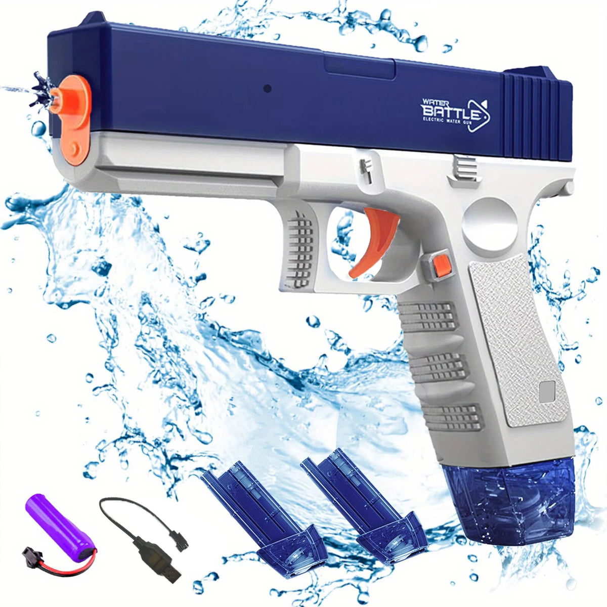 A blue and gray electric water gun with a detachable bottle is shown spraying water against a white background.