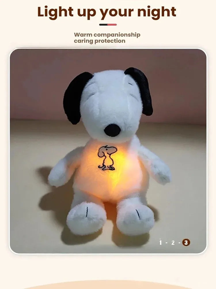 A white plush toy resembling Snoopy with an illuminated chest light for night comfort.