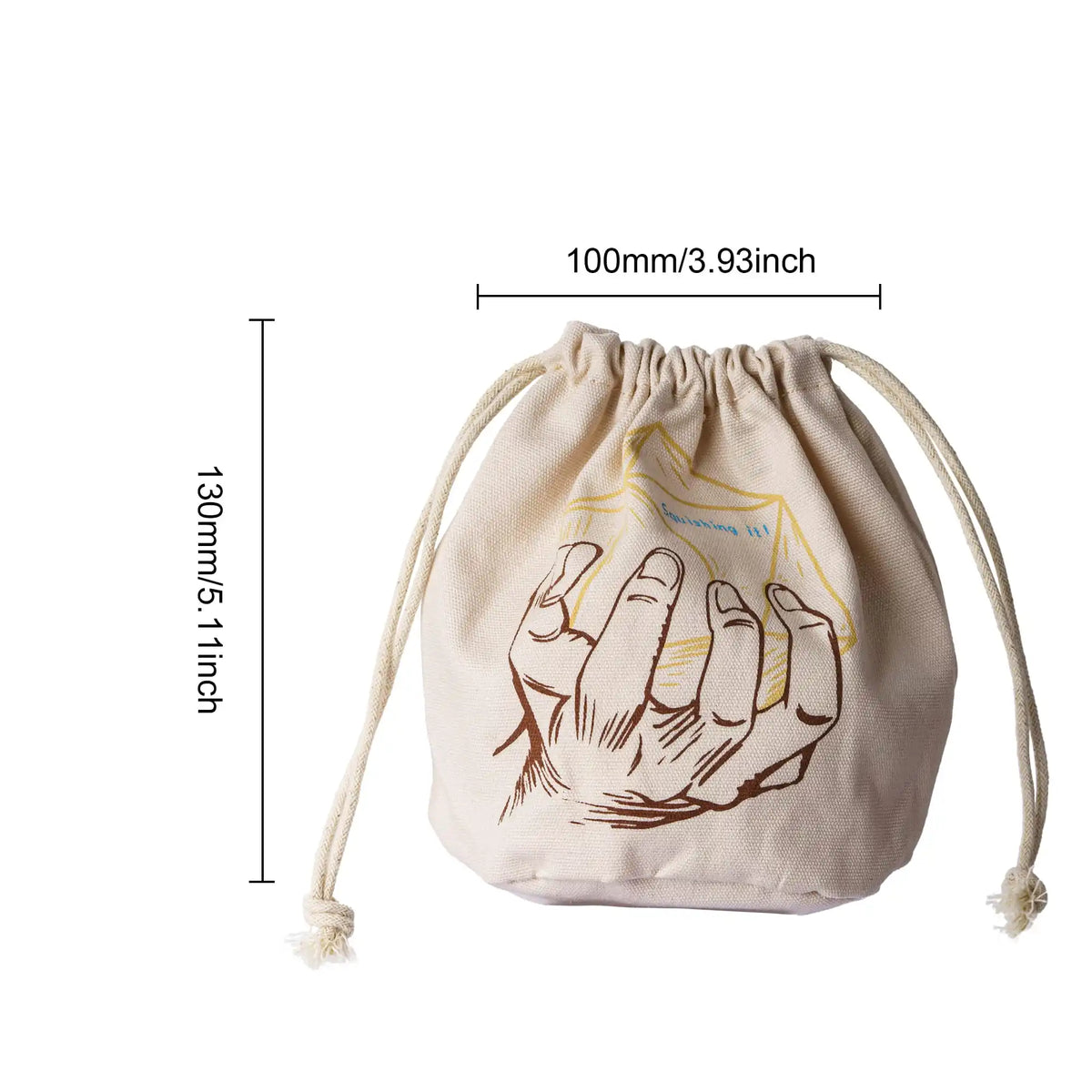 A light beige stress relief dice bag with a handprint design, measuring 100mm by 130mm.