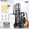 A yellow Alloy RC forklift truck model with LED lights and sound, shown next to a remote control.