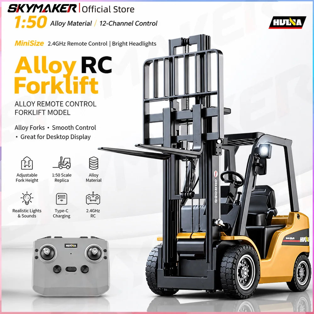 A yellow Alloy RC forklift truck model with LED lights and sound, shown next to a remote control.