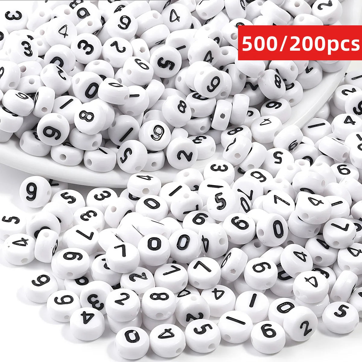 A pile of small white acrylic number beads, including 0 through 9, for DIY jewelry making.
