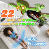 A green lizard robot toy is shown in a living room setting with text indicating 22 feet max distance and 2.4GHz frequency.