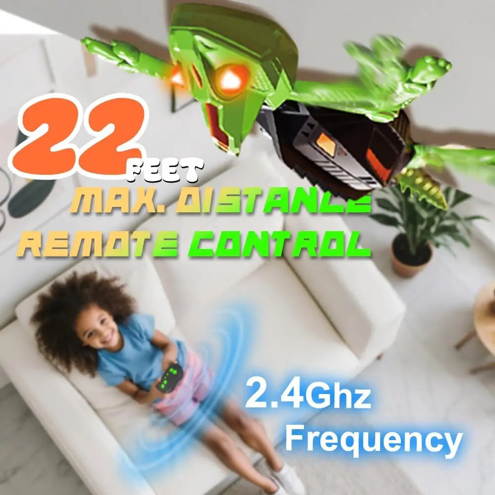 A green lizard robot toy is shown in a living room setting with text indicating 22 feet max distance and 2.4GHz frequency.