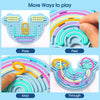 A double-sided silicone sensory activity board with twelve colored strings showing various ways to play such as press peel lo