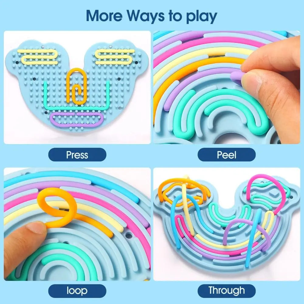 A double-sided silicone sensory activity board with twelve colored strings showing various ways to play such as press peel lo