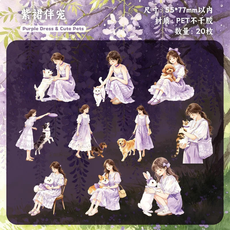 A set of 20 purple dress and cute pet themed stickers featuring girls and animals in a watercolor style.