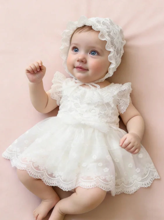 A baby girl wearing a white lace tulle dress and matching hat, looking up with blue eyes.