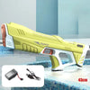 A yellow electric automatic water gun with a white grip and orange accents is shown on a tiled surface.