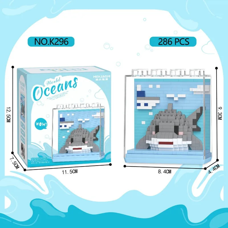 A box of 286 pieces of Ocean Animals building blocks featuring a shark model.