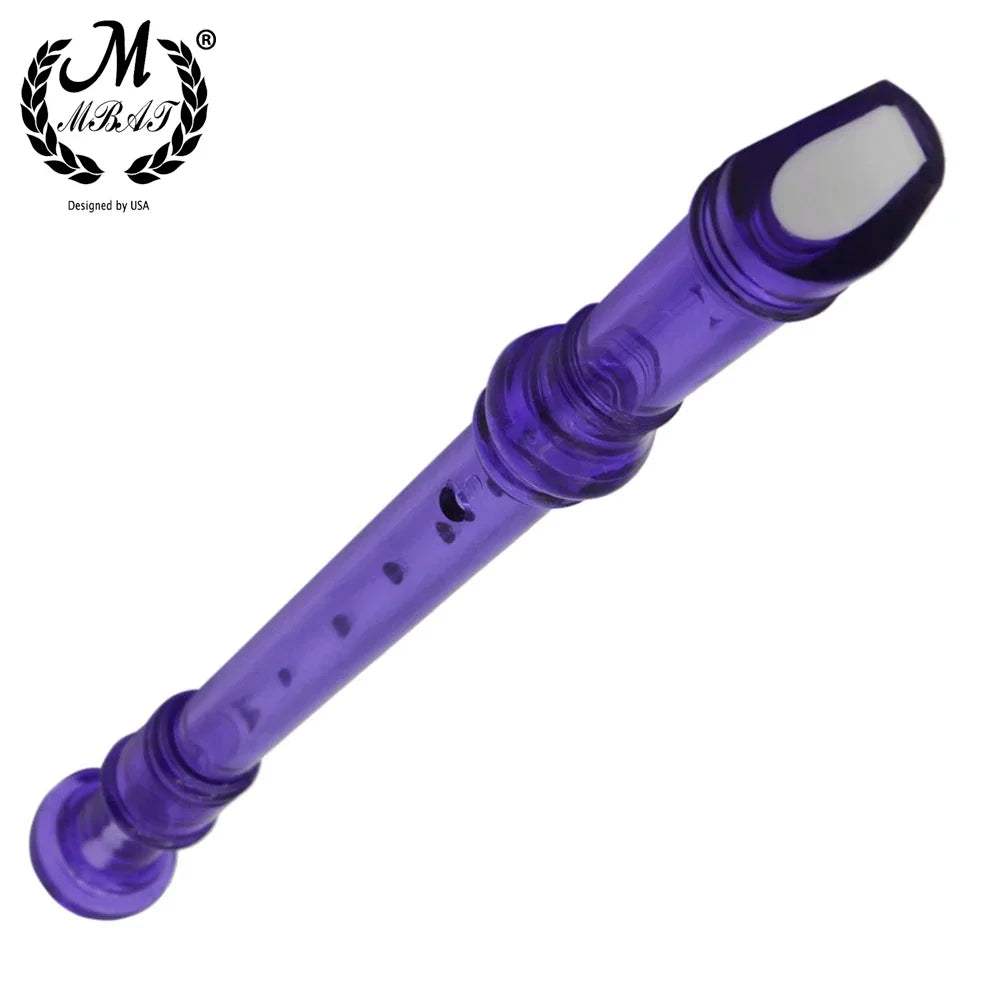 A purple rainbow transparent 8-hole soprano recorder with a cleaning rod.