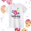 A white kids birthday number t-shirt featuring the text Its my 5th birthday with a striped yellow party hat design.