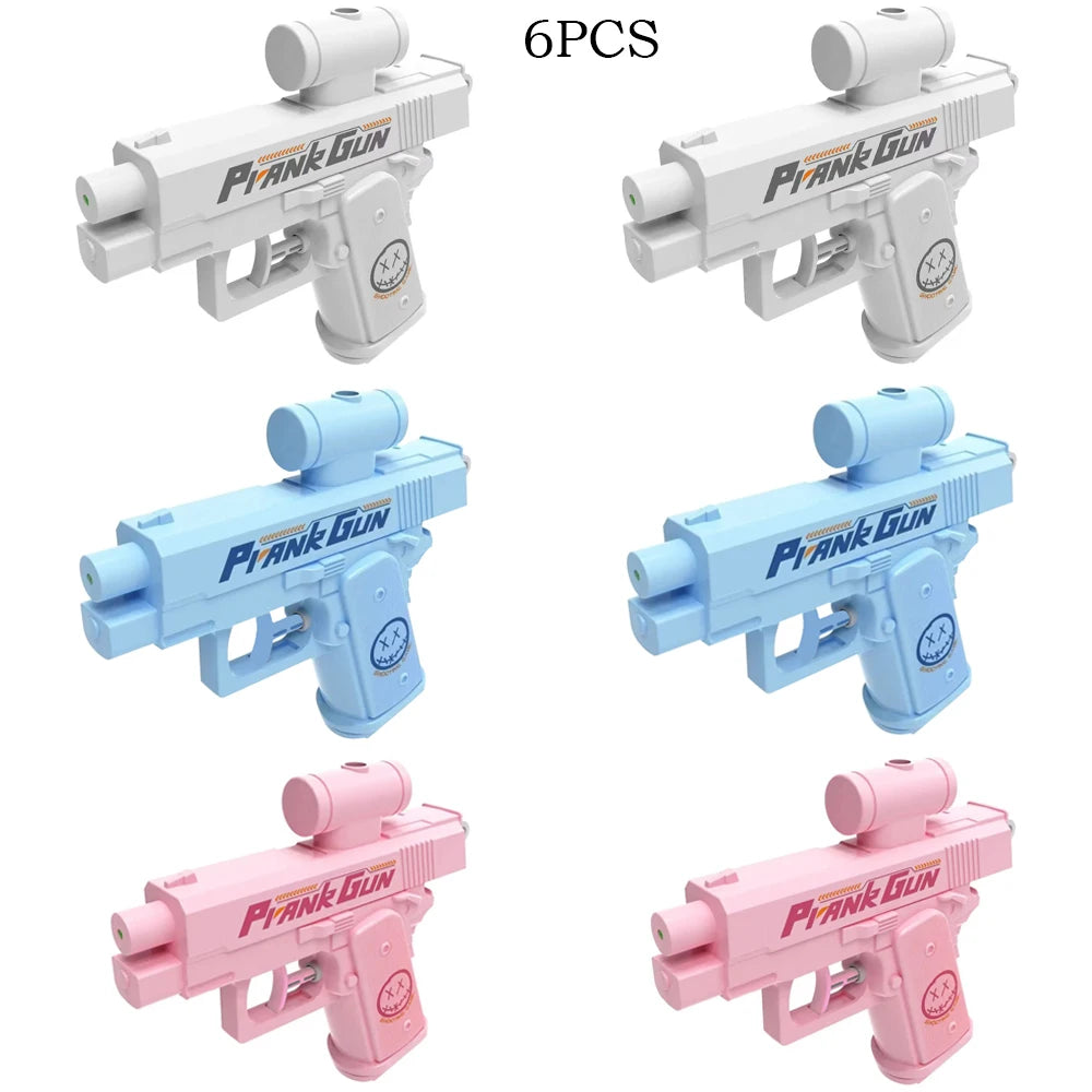 Six pieces of pink, white, and light blue prank gun water guns for summer fun