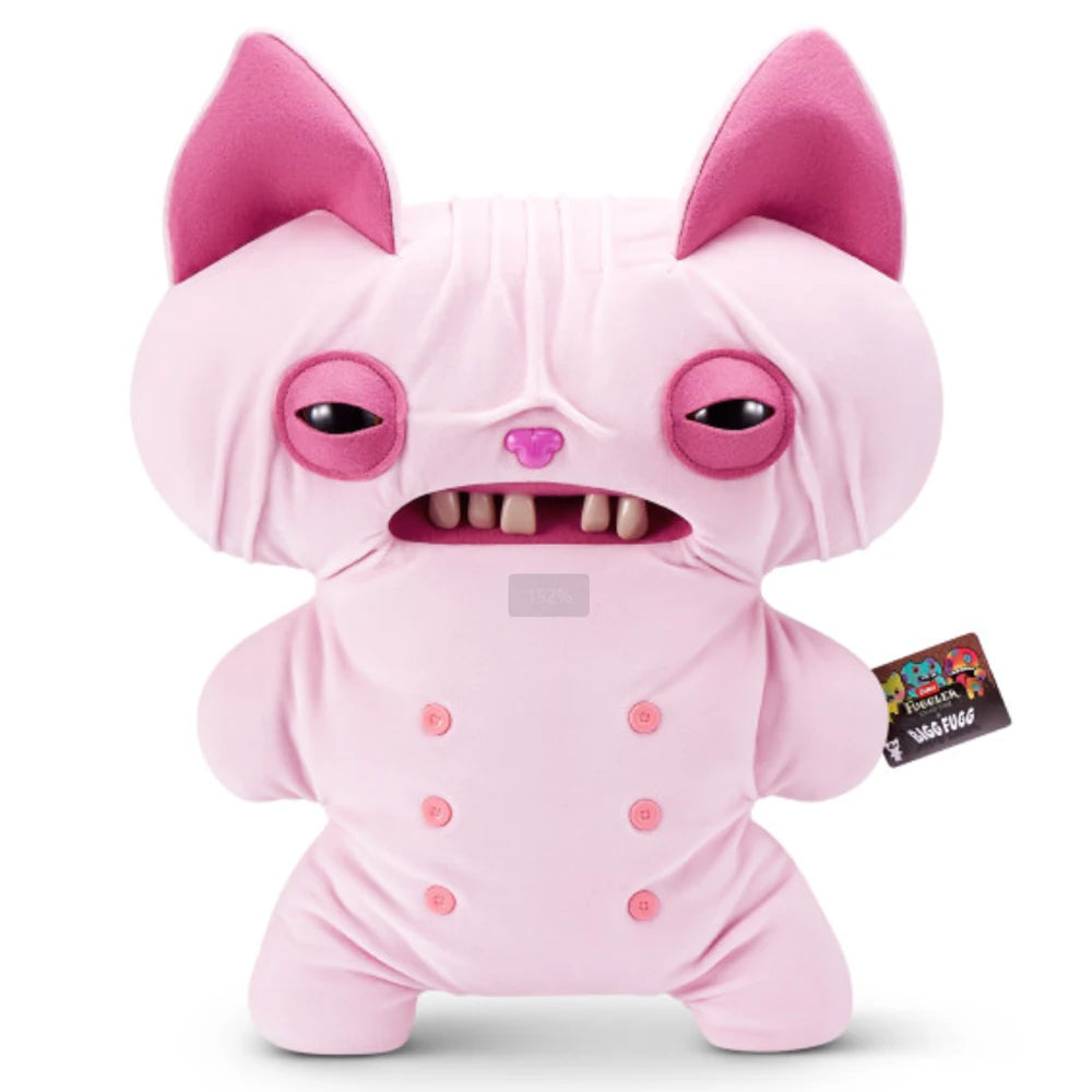 A pink plush monster toy with large ears and a funny grin, designed for cuddling.