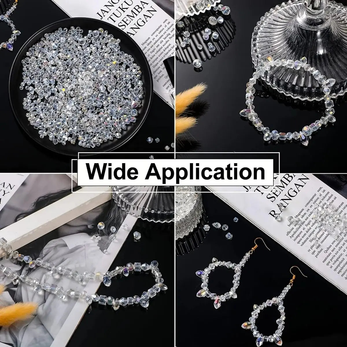 A collection of 300 crystal glass beads in various mixed shapes and sizes with an AB finish displayed on a black plate.