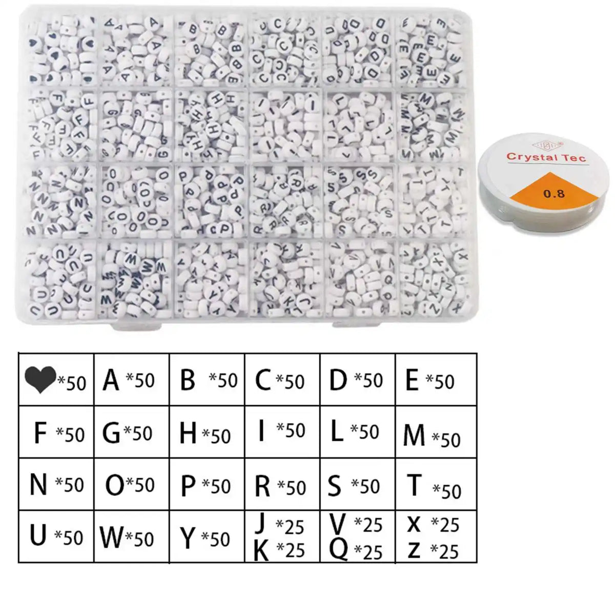 A white plastic tray filled with alphabet beads and clay for DIY craft projects