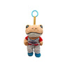 A cute plush frog doll with blue eyes, wearing a red and white striped jersey, hanging from a blue loop.