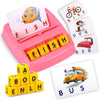 A pink tray holds yellow fish and cube letters spelling FISH and DOG, with a bus image on a white card.