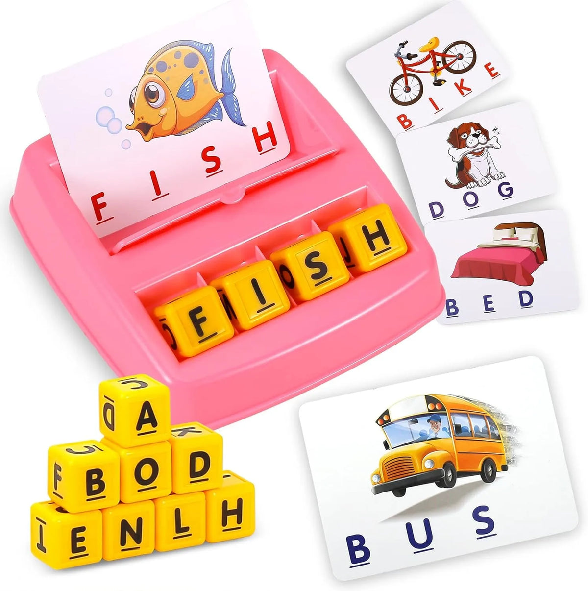 A pink tray holds yellow fish and cube letters spelling FISH and DOG, with a bus image on a white card.