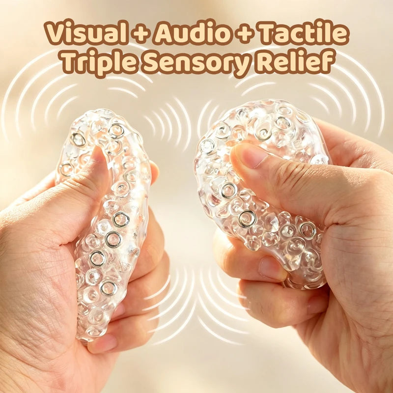 Hands hold a clear, squishy stress relief ball demonstrating visual, audio, and tactile sensory relief.