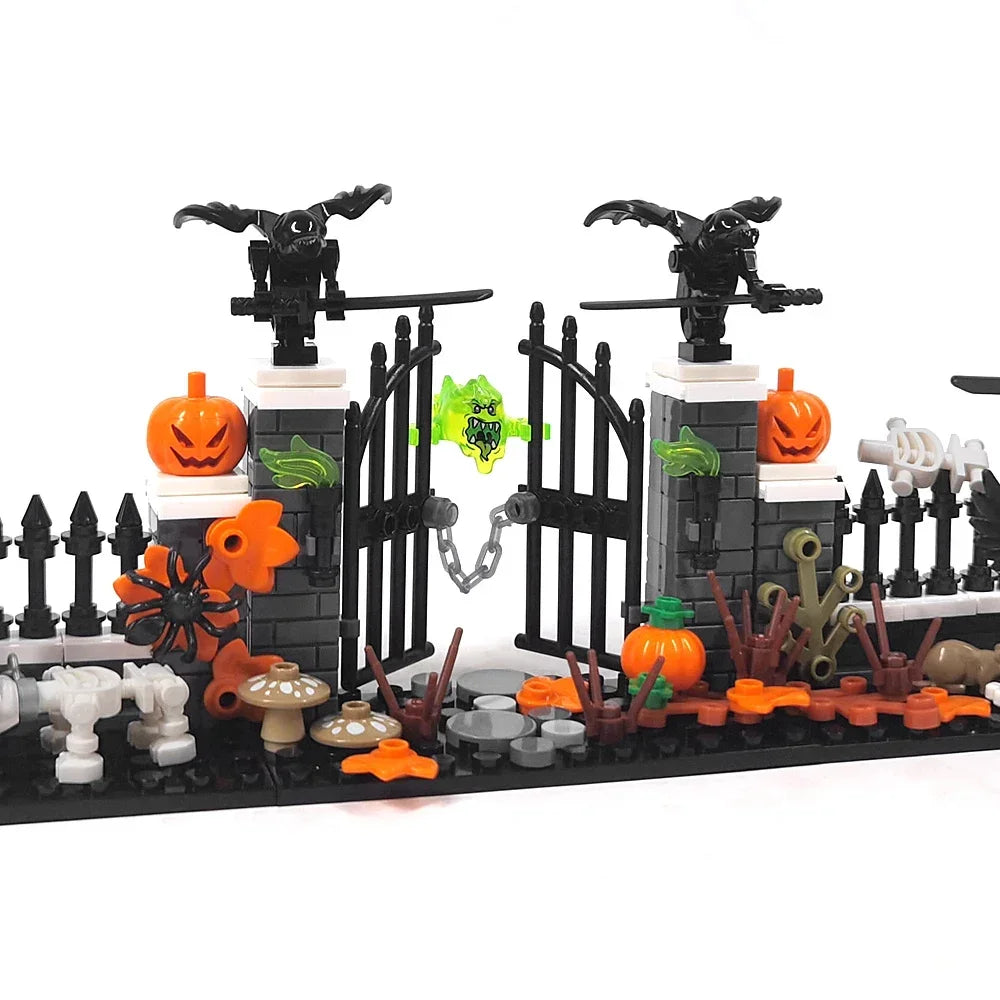 A black and orange haunted house set made of building blocks featuring bats, pumpkins, and spooky decorations.