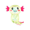 A squishy axolotl stress relief fidget toy with pink gills and light green body.