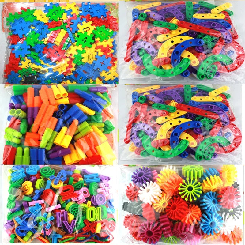 A collection of colorful plastic building blocks and mosaic toys in various shapes and colors for children