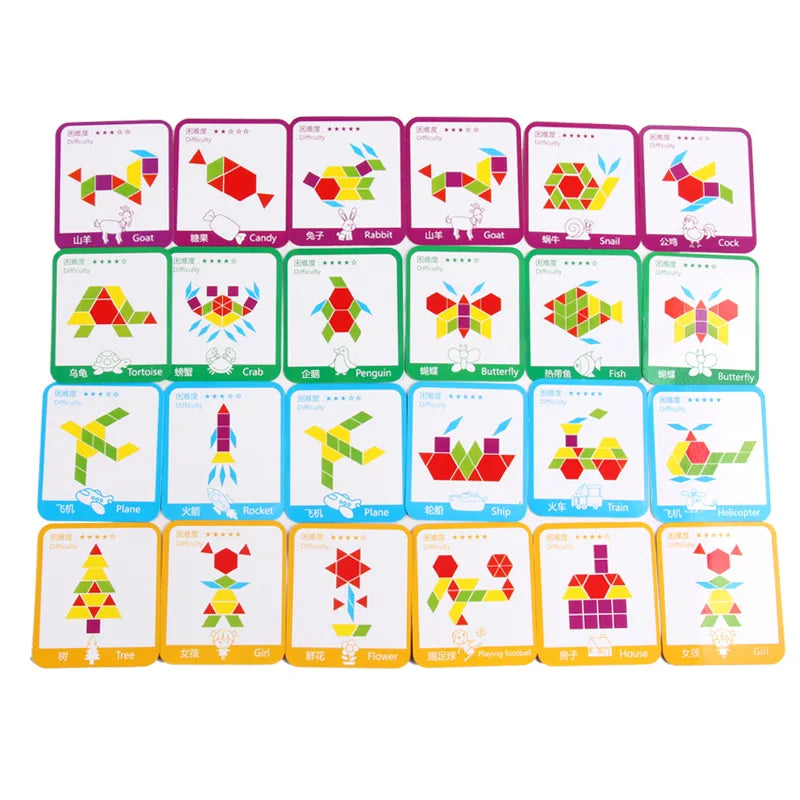 A set of 155 wooden pattern blocks featuring various animal and object designs on individual cards.