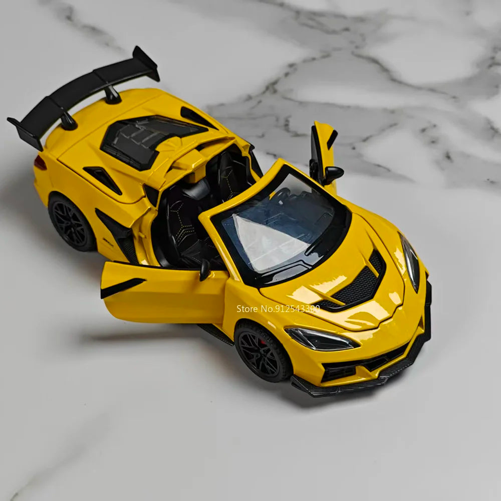 Yellow 1:32 scale diecast supercar model with pull-back action and opening doors