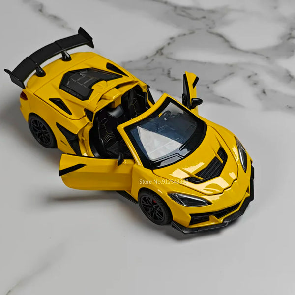 Yellow 1:32 scale diecast supercar model with pull-back action and opening doors