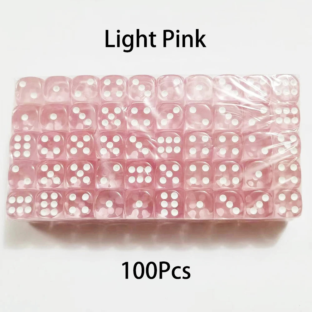 A pack of 100 light pink acrylic six-sided dice with transparent rounded edges.